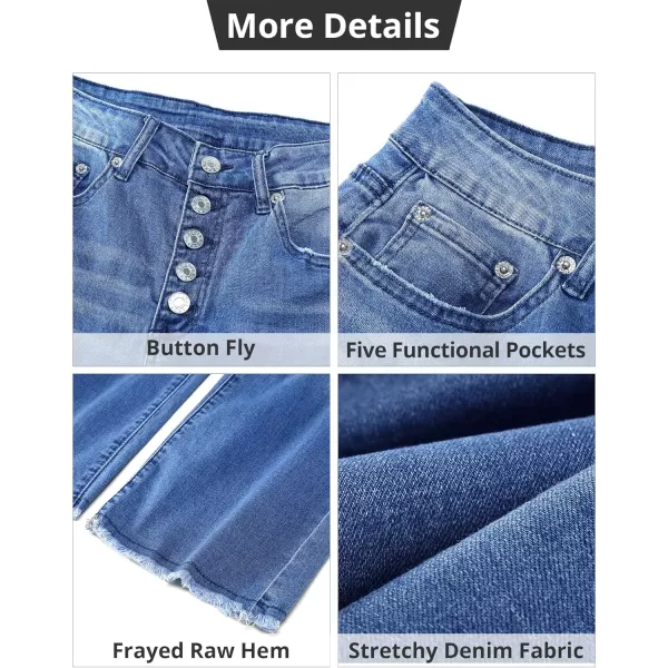 GRAPENT Capri Jeans for Women Trendy High Waisted Wide Leg Flare Button Fly Stretchy Denim Pants Raw Hem Cropped JeansClassic Blue