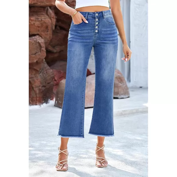 GRAPENT Capri Jeans for Women Trendy High Waisted Wide Leg Flare Button Fly Stretchy Denim Pants Raw Hem Cropped JeansClassic Blue
