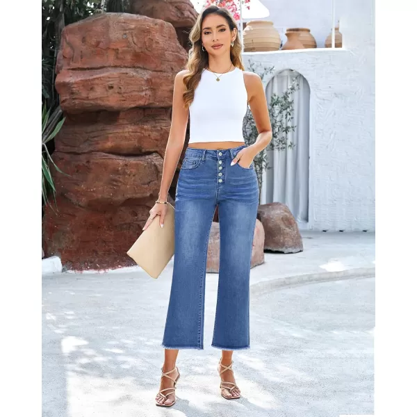 GRAPENT Capri Jeans for Women Trendy High Waisted Wide Leg Flare Button Fly Stretchy Denim Pants Raw Hem Cropped JeansClassic Blue