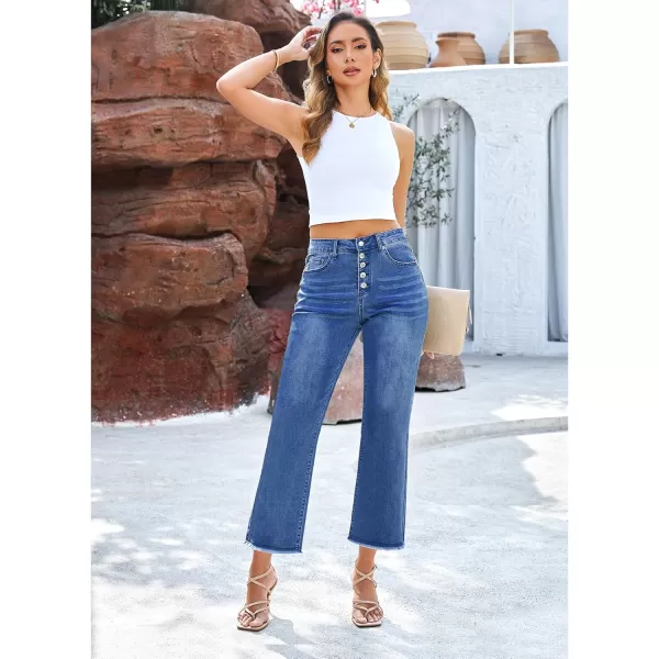 GRAPENT Capri Jeans for Women Trendy High Waisted Wide Leg Flare Button Fly Stretchy Denim Pants Raw Hem Cropped JeansClassic Blue