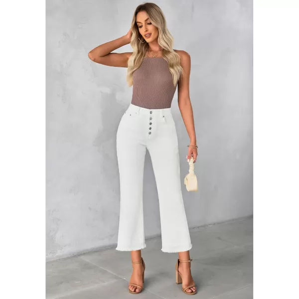 GRAPENT Capri Jeans for Women Trendy High Waisted Wide Leg Flare Button Fly Stretchy Denim Pants Raw Hem Cropped JeansCream White