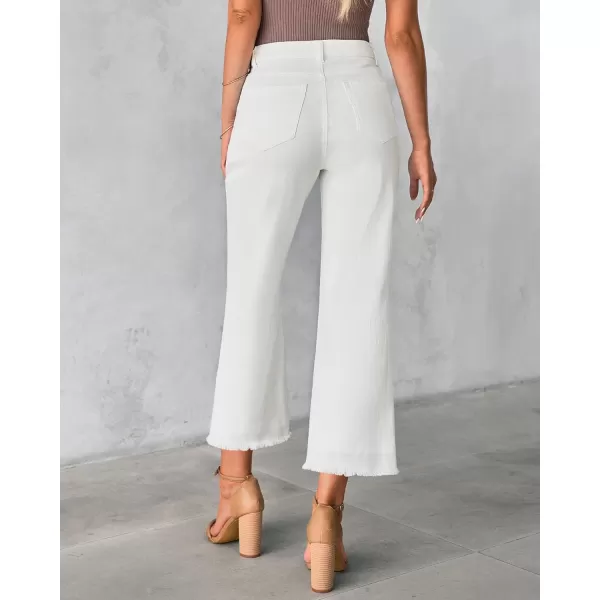 GRAPENT Capri Jeans for Women Trendy High Waisted Wide Leg Flare Button Fly Stretchy Denim Pants Raw Hem Cropped JeansCream White