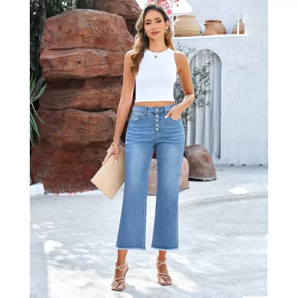 GRAPENT Capri Jeans for Women Trendy High Waisted Wide Leg Flare Button Fly Stretchy Denim Pants Raw Hem Cropped JeansMedium Blue