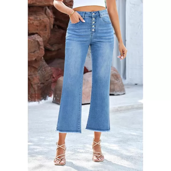 GRAPENT Capri Jeans for Women Trendy High Waisted Wide Leg Flare Button Fly Stretchy Denim Pants Raw Hem Cropped JeansMedium Blue