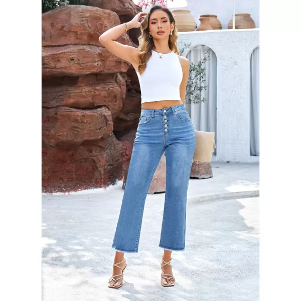 GRAPENT Capri Jeans for Women Trendy High Waisted Wide Leg Flare Button Fly Stretchy Denim Pants Raw Hem Cropped JeansMedium Blue