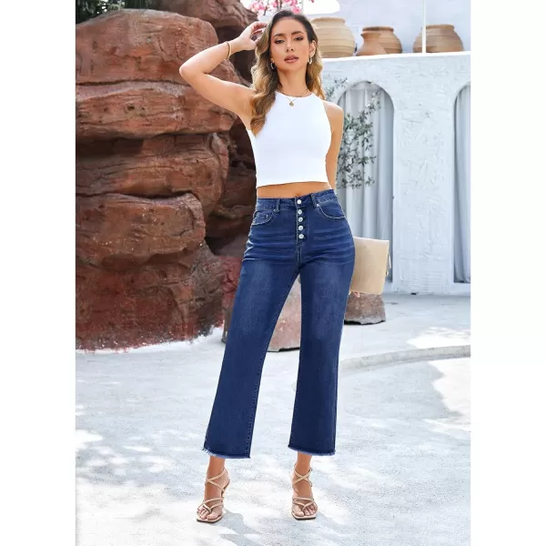 GRAPENT Capri Jeans for Women Trendy High Waisted Wide Leg Flare Button Fly Stretchy Denim Pants Raw Hem Cropped JeansNightfall Blue