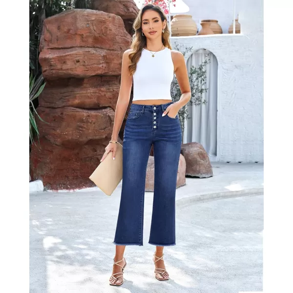 GRAPENT Capri Jeans for Women Trendy High Waisted Wide Leg Flare Button Fly Stretchy Denim Pants Raw Hem Cropped JeansNightfall Blue