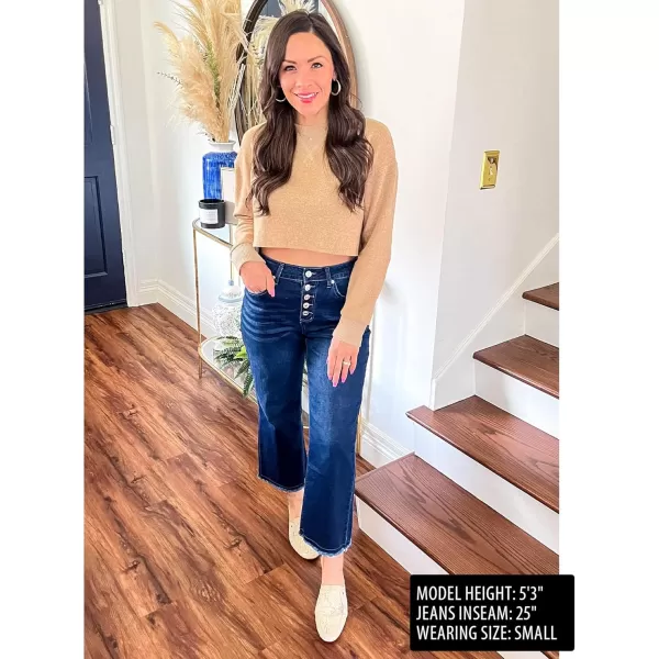 GRAPENT Capri Jeans for Women Trendy High Waisted Wide Leg Flare Button Fly Stretchy Denim Pants Raw Hem Cropped JeansNightfall Blue