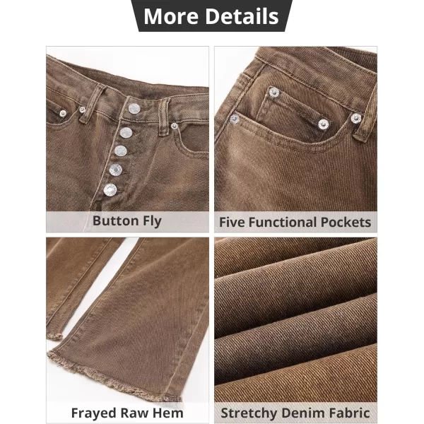 GRAPENT Capri Jeans for Women Trendy High Waisted Wide Leg Flare Button Fly Stretchy Denim Pants Raw Hem Cropped JeansToffee Brown