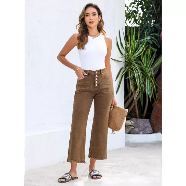 GRAPENT Capri Jeans for Women Trendy High Waisted Wide Leg Flare Button Fly Stretchy Denim Pants Raw Hem Cropped JeansToffee Brown