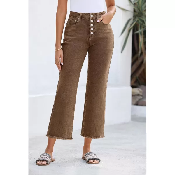GRAPENT Capri Jeans for Women Trendy High Waisted Wide Leg Flare Button Fly Stretchy Denim Pants Raw Hem Cropped JeansToffee Brown