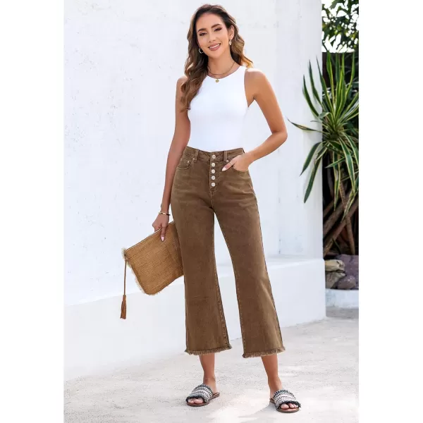 GRAPENT Capri Jeans for Women Trendy High Waisted Wide Leg Flare Button Fly Stretchy Denim Pants Raw Hem Cropped JeansToffee Brown