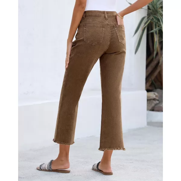 GRAPENT Capri Jeans for Women Trendy High Waisted Wide Leg Flare Button Fly Stretchy Denim Pants Raw Hem Cropped JeansToffee Brown