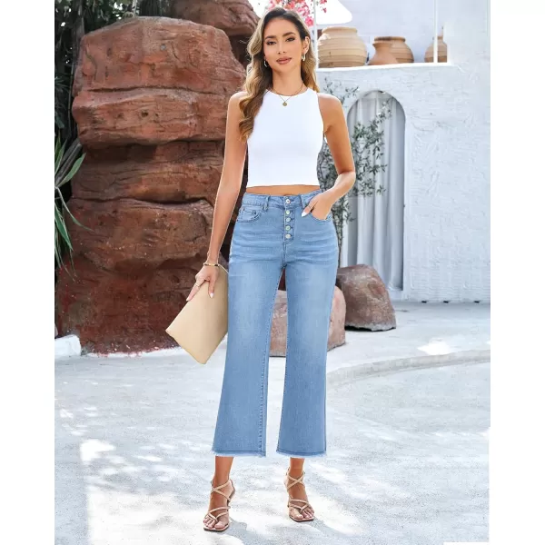 GRAPENT Capri Jeans for Women Trendy High Waisted Wide Leg Flare Button Fly Stretchy Denim Pants Raw Hem Cropped JeansTurquoise Blue