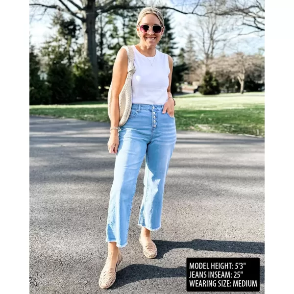 GRAPENT Capri Jeans for Women Trendy High Waisted Wide Leg Flare Button Fly Stretchy Denim Pants Raw Hem Cropped JeansTurquoise Blue