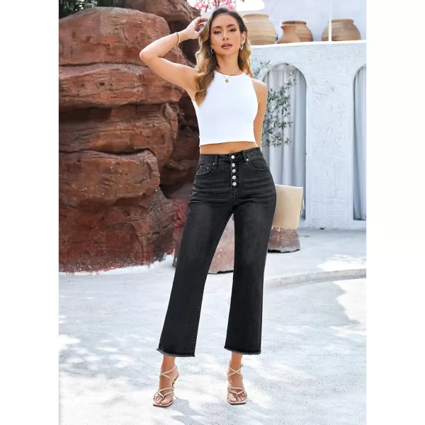 GRAPENT Capri Jeans for Women Trendy High Waisted Wide Leg Flare Button Fly Stretchy Denim Pants Raw Hem Cropped JeansWashed Black