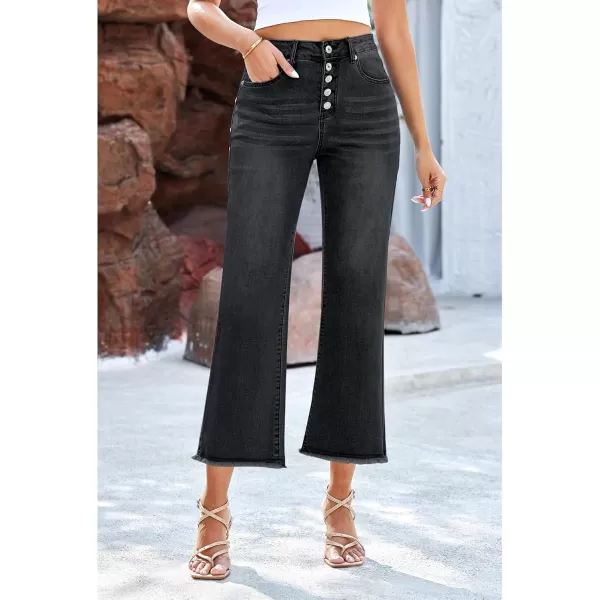 GRAPENT Capri Jeans for Women Trendy High Waisted Wide Leg Flare Button Fly Stretchy Denim Pants Raw Hem Cropped JeansWashed Black