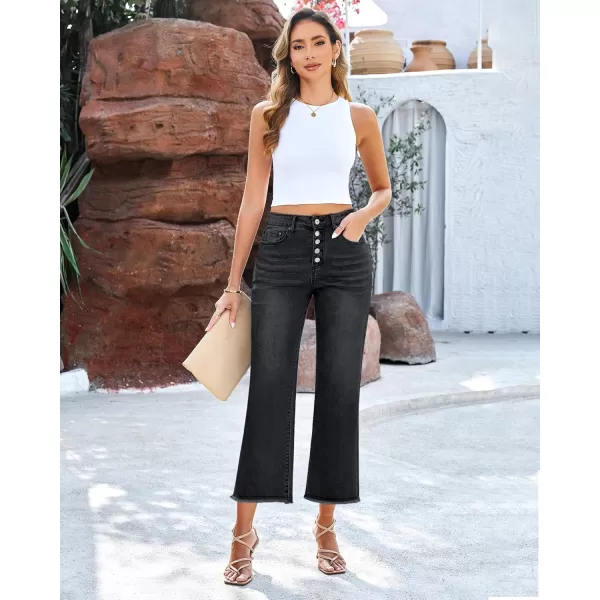 GRAPENT Capri Jeans for Women Trendy High Waisted Wide Leg Flare Button Fly Stretchy Denim Pants Raw Hem Cropped JeansWashed Black