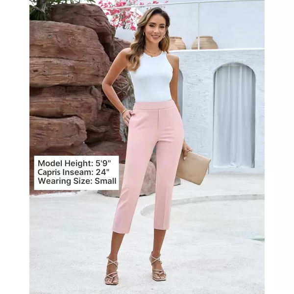 GRAPENT Capri Pants for Women High Waisted Pull On Dress Pants Slim Straight Leg Stretchy Waist Capris Trousers PantsLight Pink