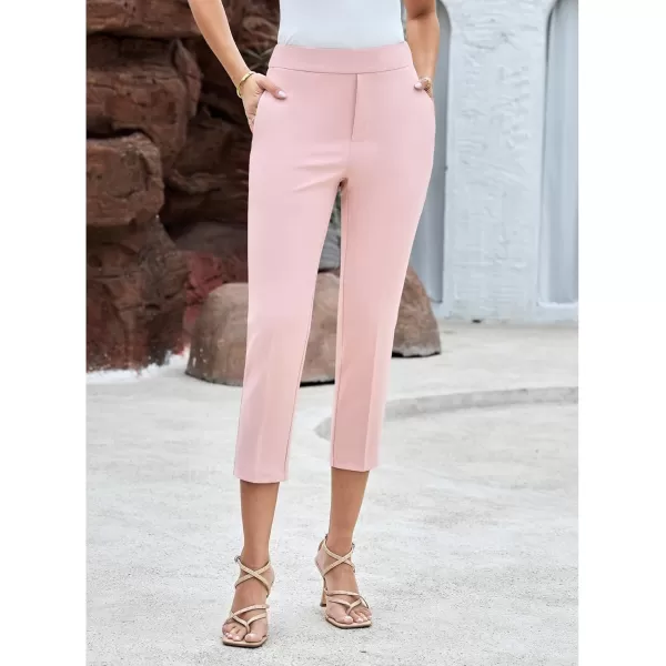 GRAPENT Capri Pants for Women High Waisted Pull On Dress Pants Slim Straight Leg Stretchy Waist Capris Trousers PantsLight Pink