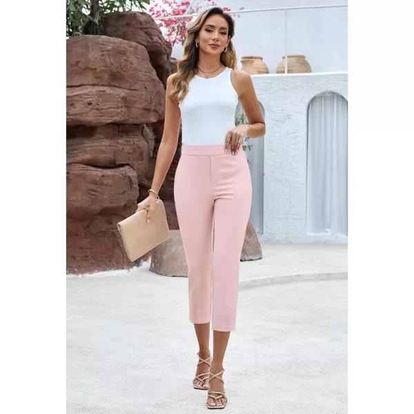 GRAPENT Capri Pants for Women High Waisted Pull On Dress Pants Slim Straight Leg Stretchy Waist Capris Trousers PantsLight Pink