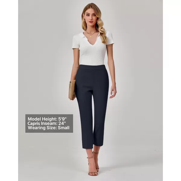 GRAPENT Capri Pants for Women High Waisted Pull On Dress Pants Slim Straight Leg Stretchy Waist Capris Trousers PantsNavy Blue