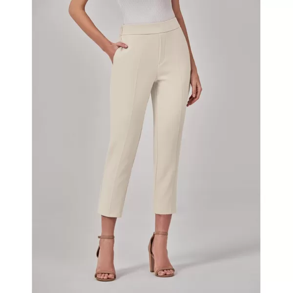 GRAPENT Capri Pants for Women High Waisted Pull On Dress Pants Slim Straight Leg Stretchy Waist Capris Trousers PantsParchment