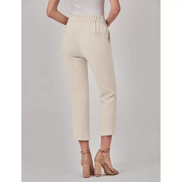 GRAPENT Capri Pants for Women High Waisted Pull On Dress Pants Slim Straight Leg Stretchy Waist Capris Trousers PantsParchment