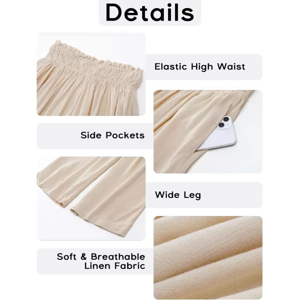 GRAPENT Capri Pants for Women High Waisted Wide Leg Linen Palazzo Trousers Pull On Elastic Smock Waist Loose Flowy PantsAlmond