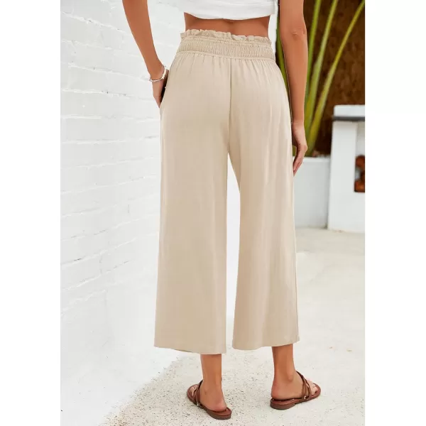 GRAPENT Capri Pants for Women High Waisted Wide Leg Linen Palazzo Trousers Pull On Elastic Smock Waist Loose Flowy PantsAlmond