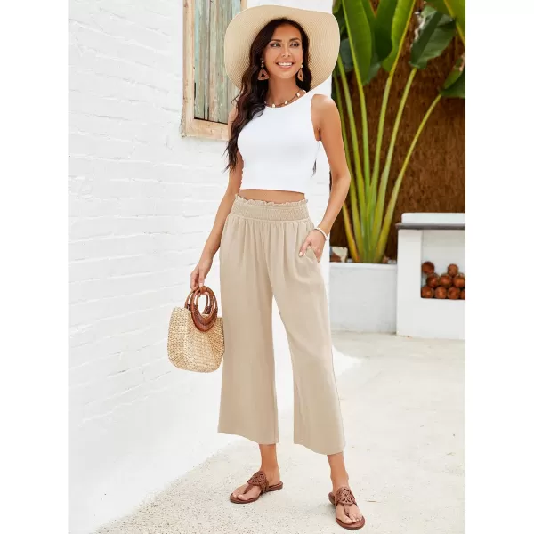 GRAPENT Capri Pants for Women High Waisted Wide Leg Linen Palazzo Trousers Pull On Elastic Smock Waist Loose Flowy PantsAlmond