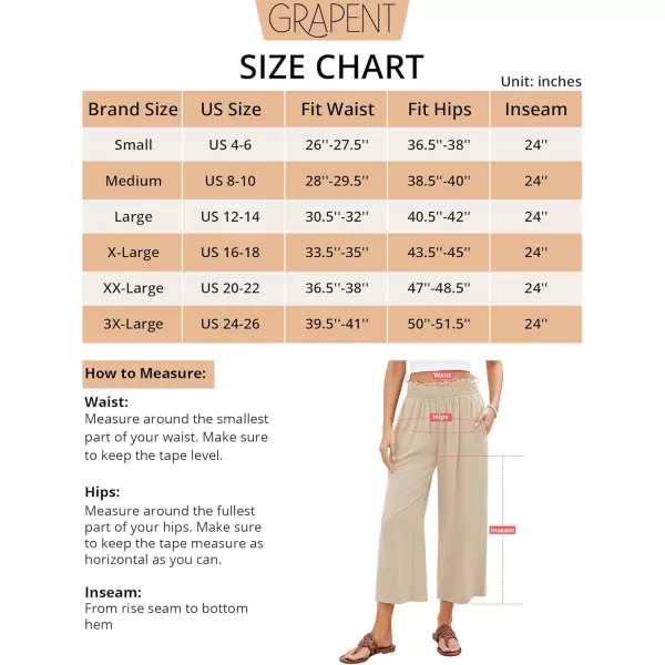 GRAPENT Capri Pants for Women High Waisted Wide Leg Linen Palazzo Trousers Pull On Elastic Smock Waist Loose Flowy PantsAlmond