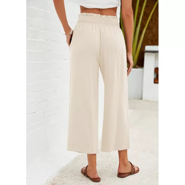 GRAPENT Capri Pants for Women High Waisted Wide Leg Linen Palazzo Trousers Pull On Elastic Smock Waist Loose Flowy PantsBeige