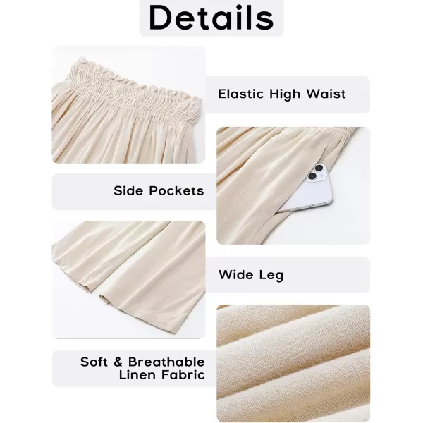 GRAPENT Capri Pants for Women High Waisted Wide Leg Linen Palazzo Trousers Pull On Elastic Smock Waist Loose Flowy PantsBeige