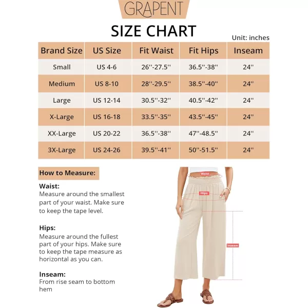 GRAPENT Capri Pants for Women High Waisted Wide Leg Linen Palazzo Trousers Pull On Elastic Smock Waist Loose Flowy PantsBeige