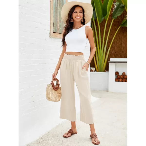 GRAPENT Capri Pants for Women High Waisted Wide Leg Linen Palazzo Trousers Pull On Elastic Smock Waist Loose Flowy PantsBeige