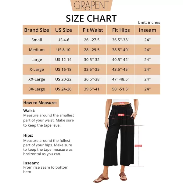 GRAPENT Capri Pants for Women High Waisted Wide Leg Linen Palazzo Trousers Pull On Elastic Smock Waist Loose Flowy PantsBlack