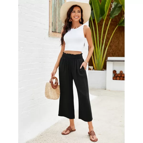 GRAPENT Capri Pants for Women High Waisted Wide Leg Linen Palazzo Trousers Pull On Elastic Smock Waist Loose Flowy PantsBlack