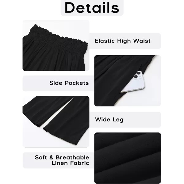 GRAPENT Capri Pants for Women High Waisted Wide Leg Linen Palazzo Trousers Pull On Elastic Smock Waist Loose Flowy PantsBlack