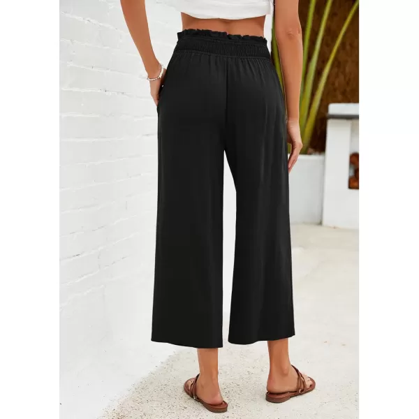 GRAPENT Capri Pants for Women High Waisted Wide Leg Linen Palazzo Trousers Pull On Elastic Smock Waist Loose Flowy PantsBlack