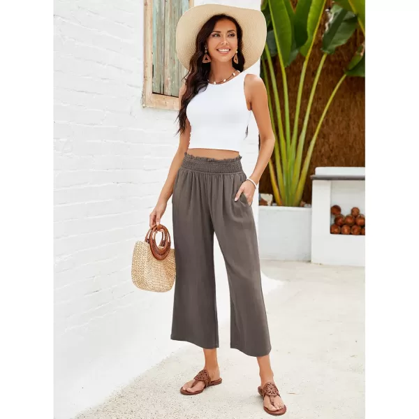 GRAPENT Capri Pants for Women High Waisted Wide Leg Linen Palazzo Trousers Pull On Elastic Smock Waist Loose Flowy PantsCoffee Brown