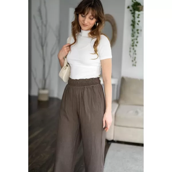 GRAPENT Capri Pants for Women High Waisted Wide Leg Linen Palazzo Trousers Pull On Elastic Smock Waist Loose Flowy PantsCoffee Brown