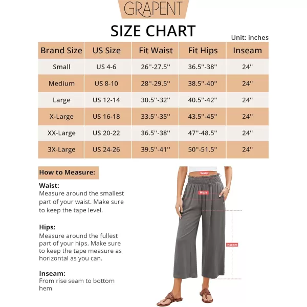 GRAPENT Capri Pants for Women High Waisted Wide Leg Linen Palazzo Trousers Pull On Elastic Smock Waist Loose Flowy PantsDark Gray