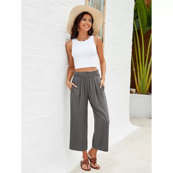 GRAPENT Capri Pants for Women High Waisted Wide Leg Linen Palazzo Trousers Pull On Elastic Smock Waist Loose Flowy PantsDark Gray