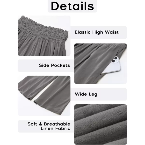 GRAPENT Capri Pants for Women High Waisted Wide Leg Linen Palazzo Trousers Pull On Elastic Smock Waist Loose Flowy PantsDark Gray