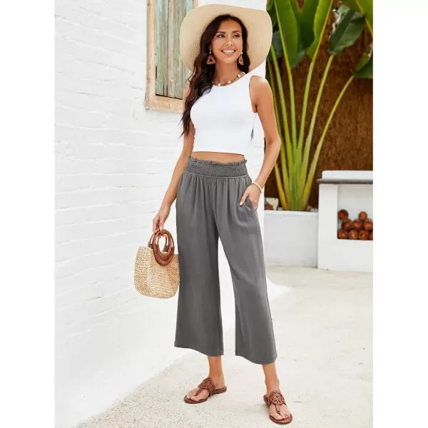 GRAPENT Capri Pants for Women High Waisted Wide Leg Linen Palazzo Trousers Pull On Elastic Smock Waist Loose Flowy PantsDark Gray