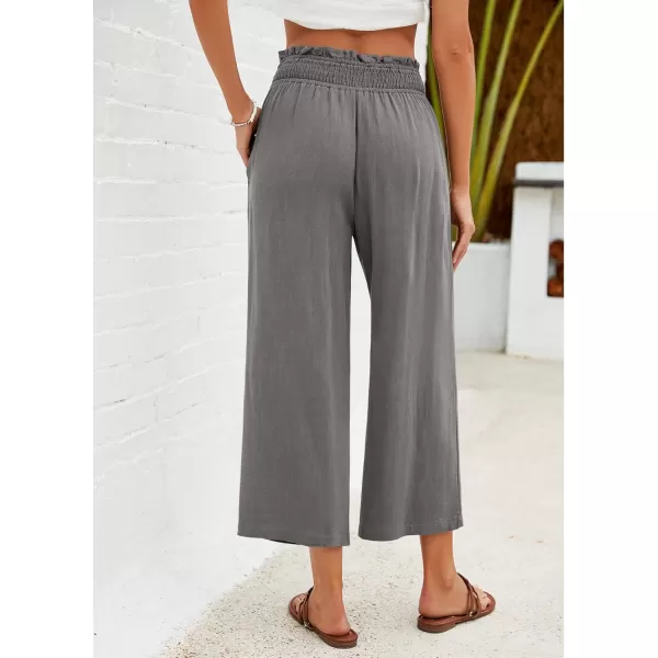 GRAPENT Capri Pants for Women High Waisted Wide Leg Linen Palazzo Trousers Pull On Elastic Smock Waist Loose Flowy PantsDark Gray