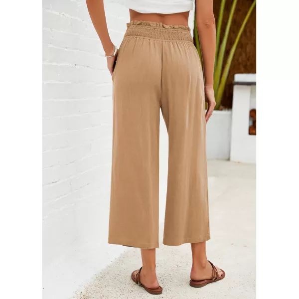 GRAPENT Capri Pants for Women High Waisted Wide Leg Linen Palazzo Trousers Pull On Elastic Smock Waist Loose Flowy PantsDark Khaki