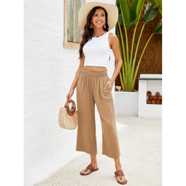 GRAPENT Capri Pants for Women High Waisted Wide Leg Linen Palazzo Trousers Pull On Elastic Smock Waist Loose Flowy PantsDark Khaki