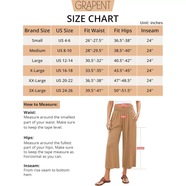 GRAPENT Capri Pants for Women High Waisted Wide Leg Linen Palazzo Trousers Pull On Elastic Smock Waist Loose Flowy PantsDark Khaki